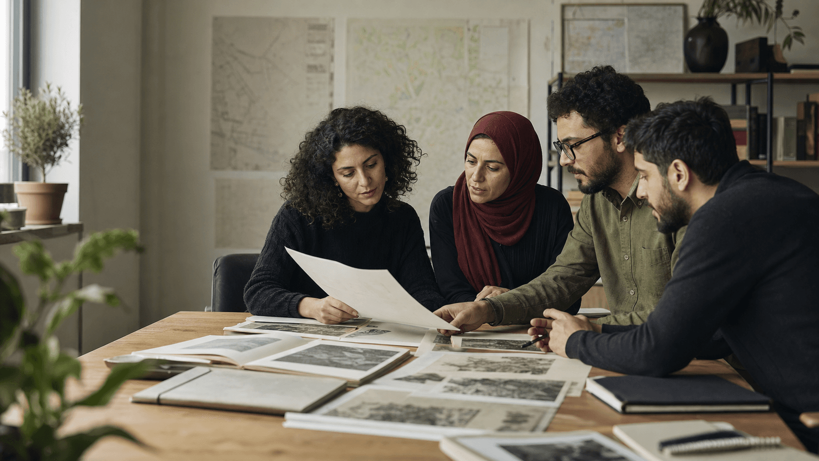 Palestinian Return Centre researchers and advocates in a focused editorial setting